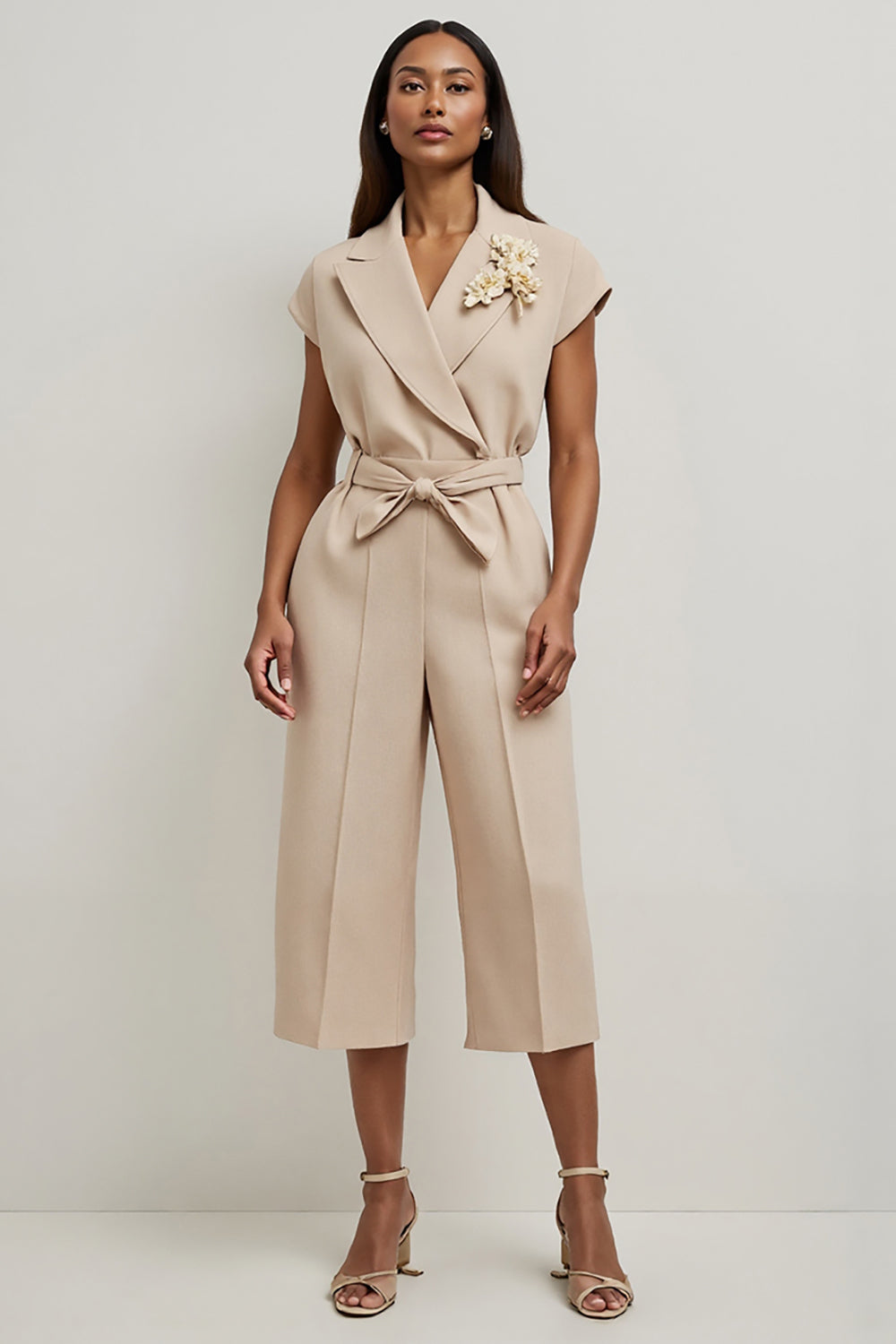 Leely Women Khaki Satin Work Jumpsuits with Belt Notched Lapel Cap Sleeves Interview Jumpsuits with Sash