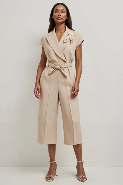 Leely Women Khaki Satin Work Jumpsuits with Belt Notched Lapel Cap Sleeves Interview Jumpsuits with Sash