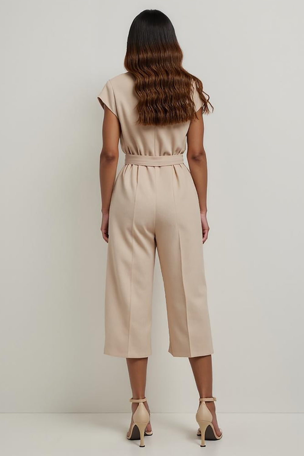 Khaki Satin Notched Lapel Work Jumpsuits with Belt