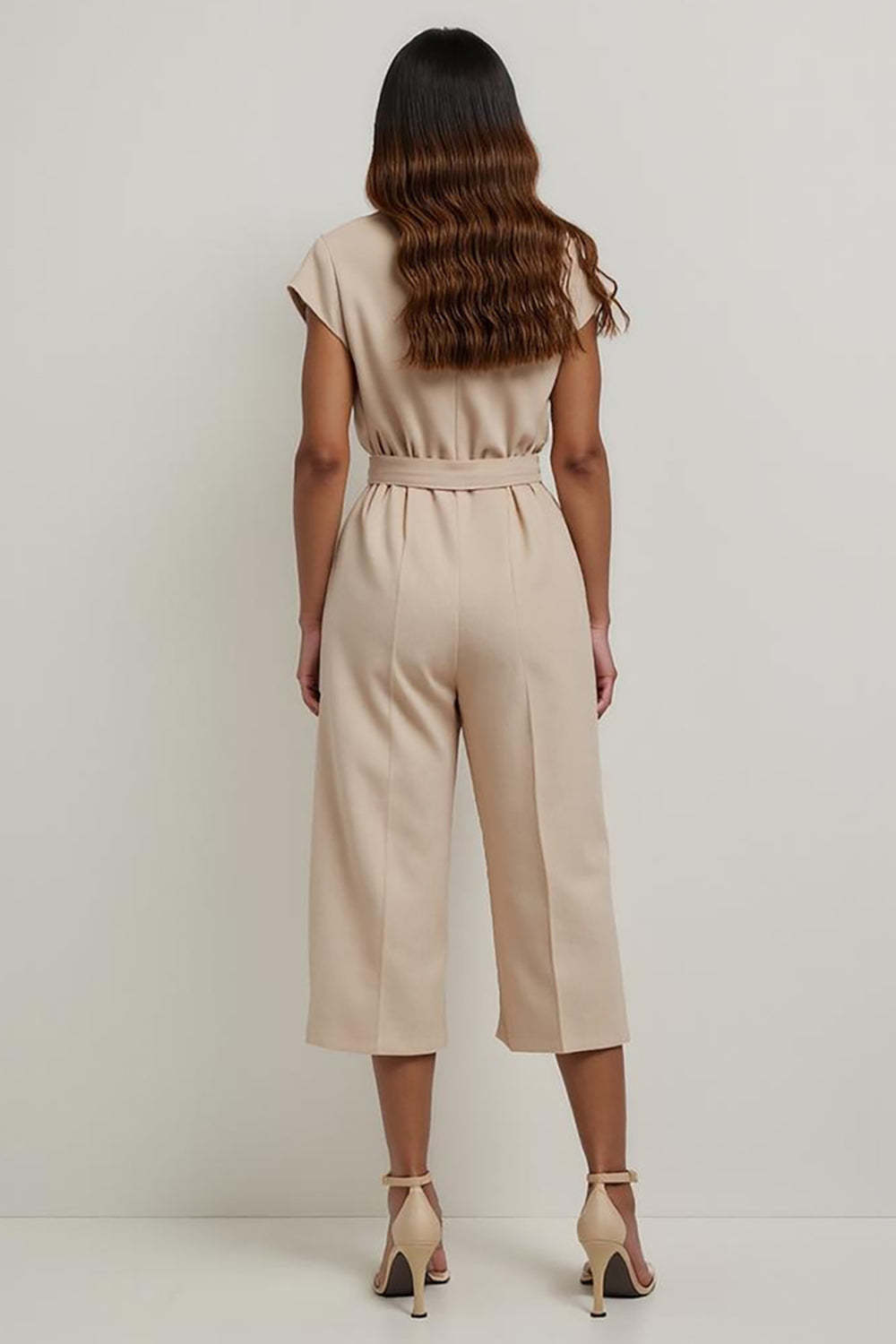 Khaki Satin Notched Lapel Work Jumpsuits with Belt