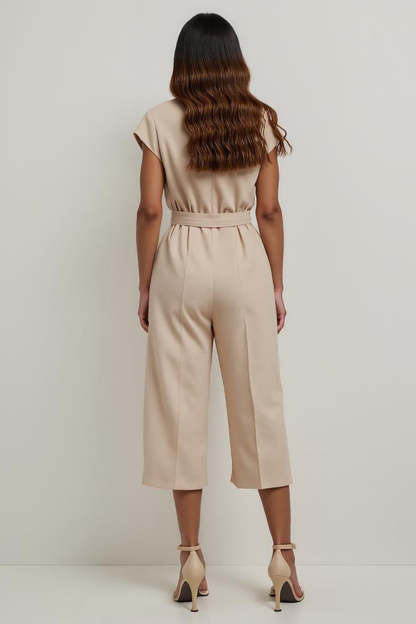 Khaki Satin Notched Lapel Work Jumpsuits with Belt