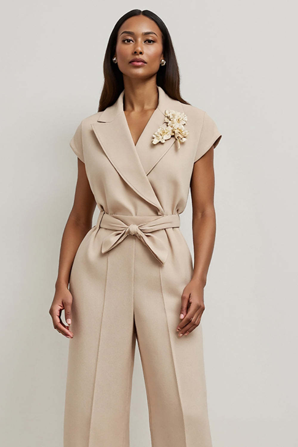 Khaki Satin Notched Lapel Work Jumpsuits with Belt