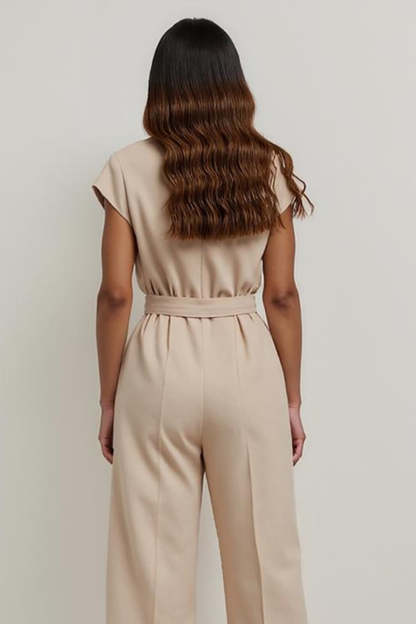 Khaki Satin Notched Lapel Work Jumpsuits with Belt