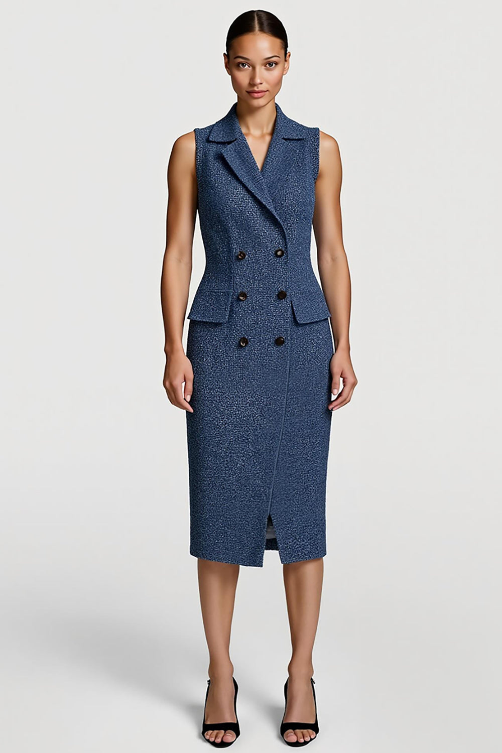 Grey Blue Tweed Notched Lapel Pencil Midi Blazer Dress with Buttons