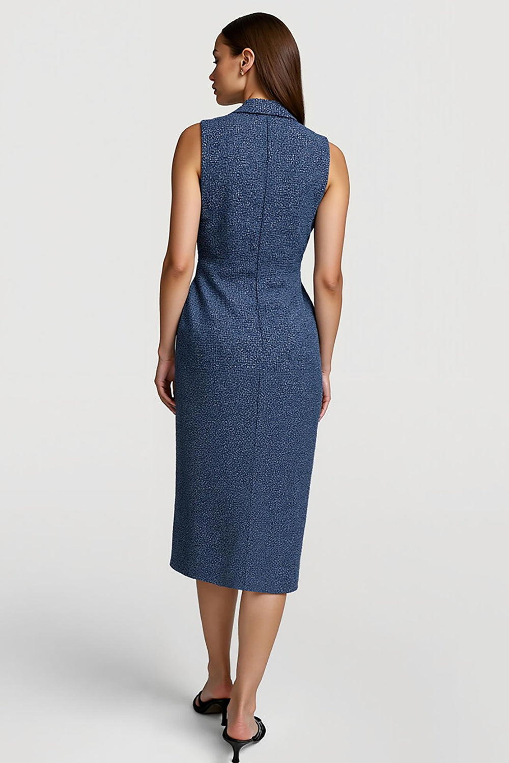 Grey Blue Tweed Notched Lapel Pencil Midi Blazer Dress with Buttons