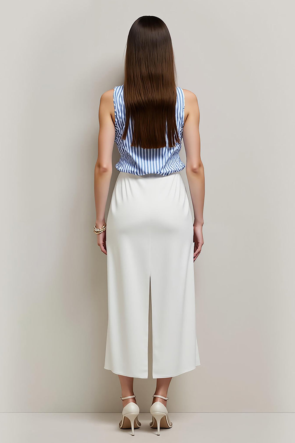 White Blue Pencil Bateau 2 Piece Striped Blouses and Skirt with Slit