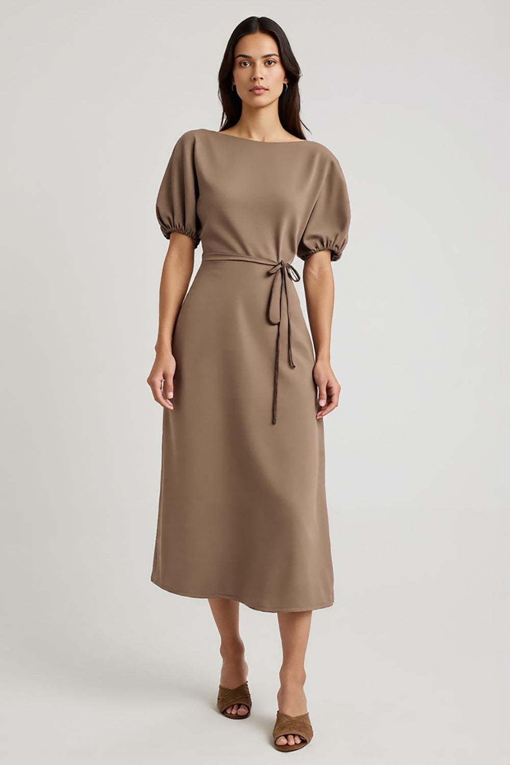 Leely Women Coffee Bateau Pencil Midi Work Dress with Sash Short Sleeves Interview Dress