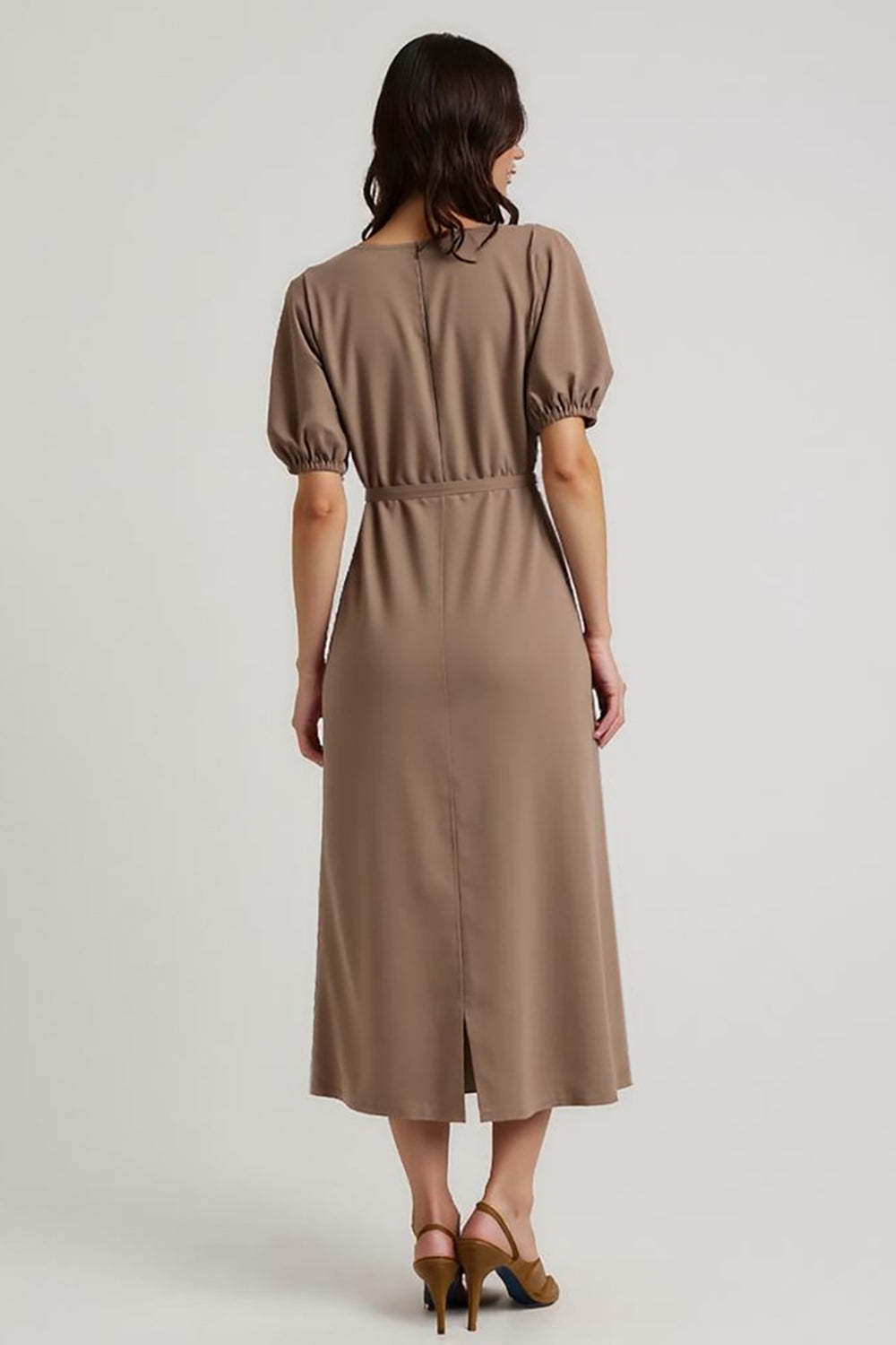Midi Coffee Bateau Pencil Short Sleeves Work Dress with Sash