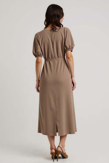 Midi Coffee Bateau Pencil Short Sleeves Work Dress with Sash