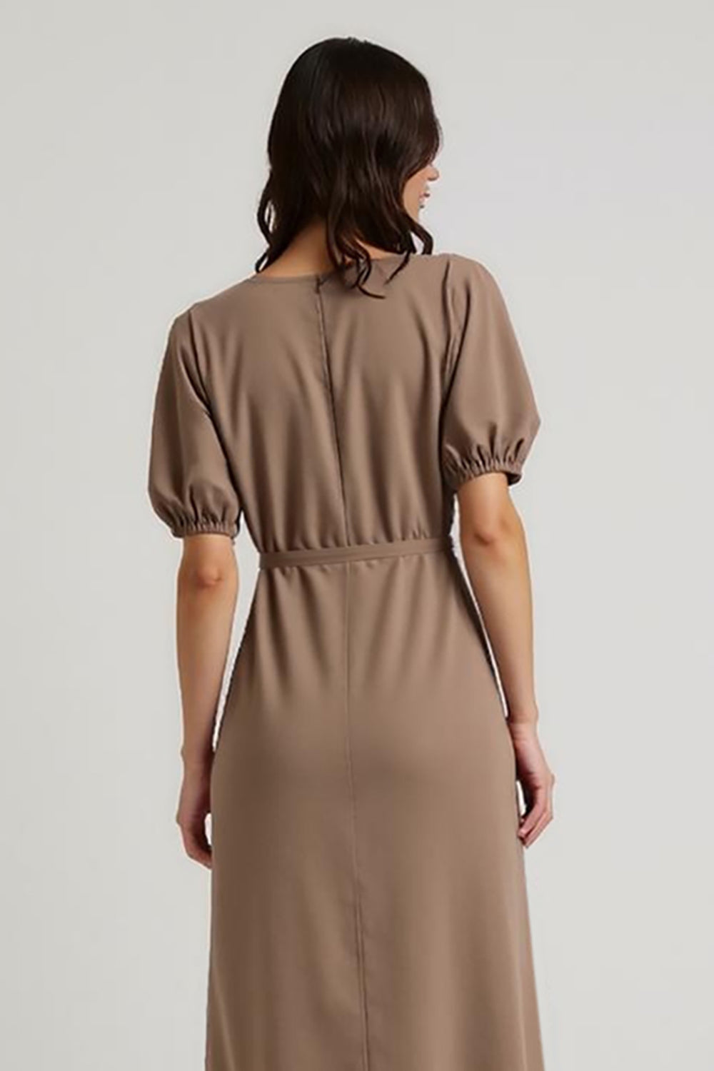 Midi Coffee Bateau Pencil Short Sleeves Work Dress with Sash