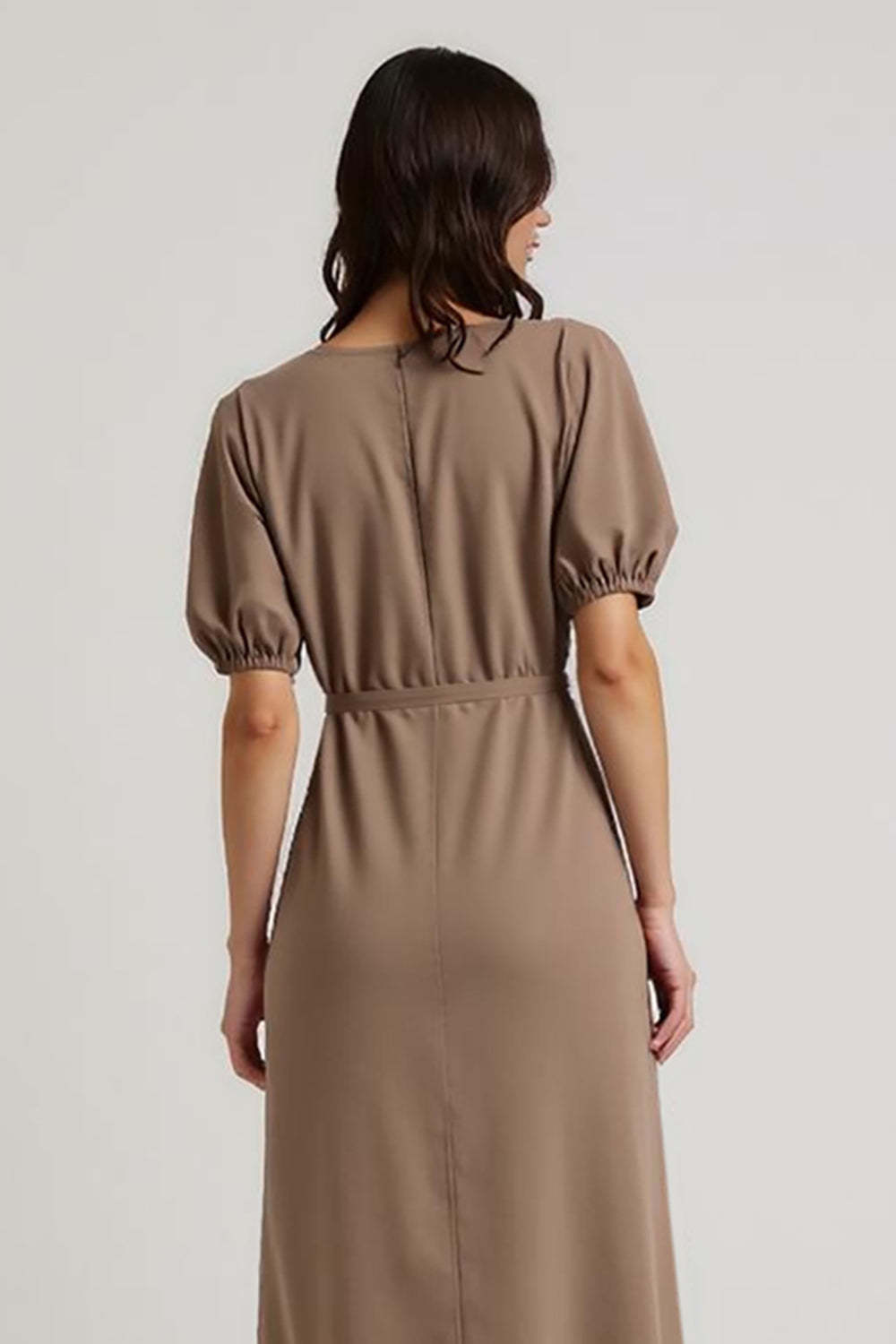 Midi Coffee Bateau Pencil Short Sleeves Work Dress with Sash