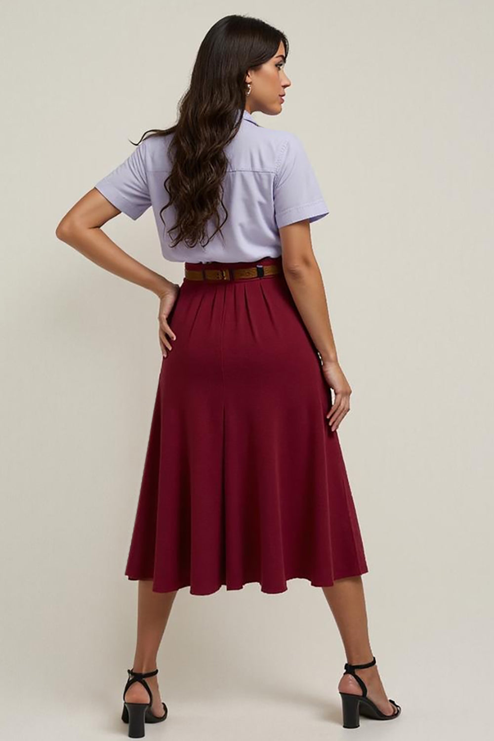 Burgundy Collar Neck Midi 2 Piece Blouses and Skirt with Belts