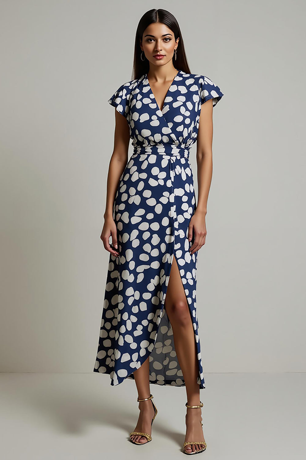 Leely Women White Blue Floral Printed Maxi Wedding Guest Dress with Slit V-Neck Cap Sleeves Work Dress