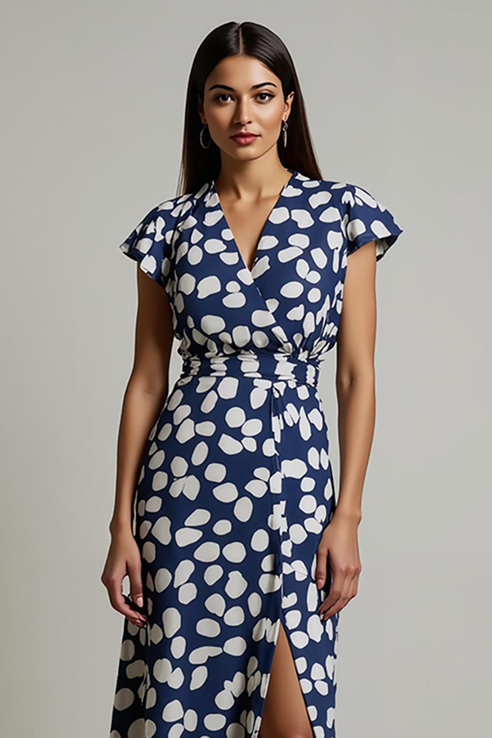 Maxi White Blue Floral Printed V-Neck Wedding Guest Dress with Slit