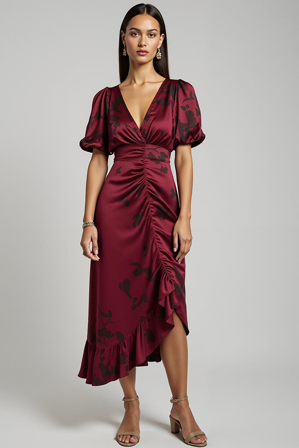Leely Women Burgundy Bodycon Midi Satin Wedding Guest Dress with Short Sleeves V-Neck Ruched Work Dress
