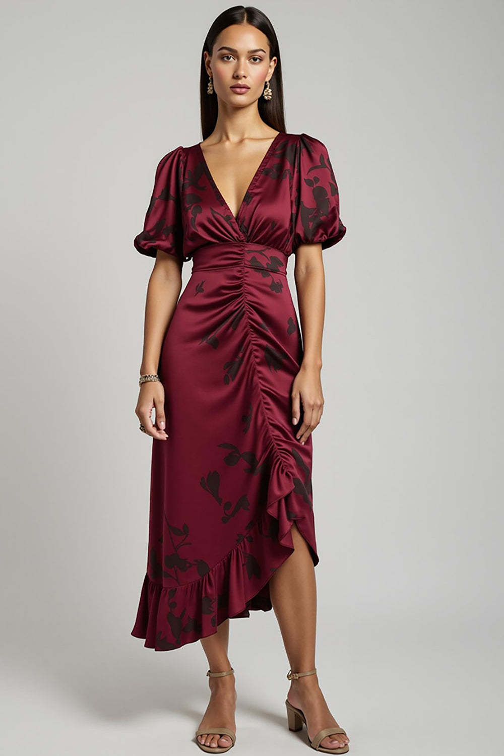 Leely Women Burgundy Bodycon Midi Satin Wedding Guest Dress with Short Sleeves V-Neck Ruched Work Dress
