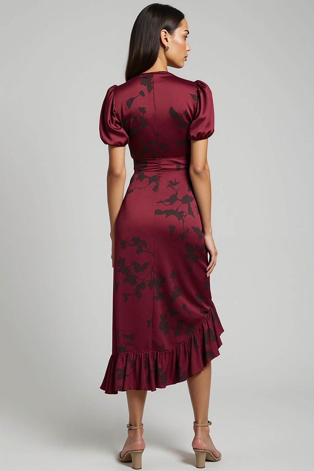 Burgundy V-Neck Ruched Bodycon Midi Wedding Guest Dress