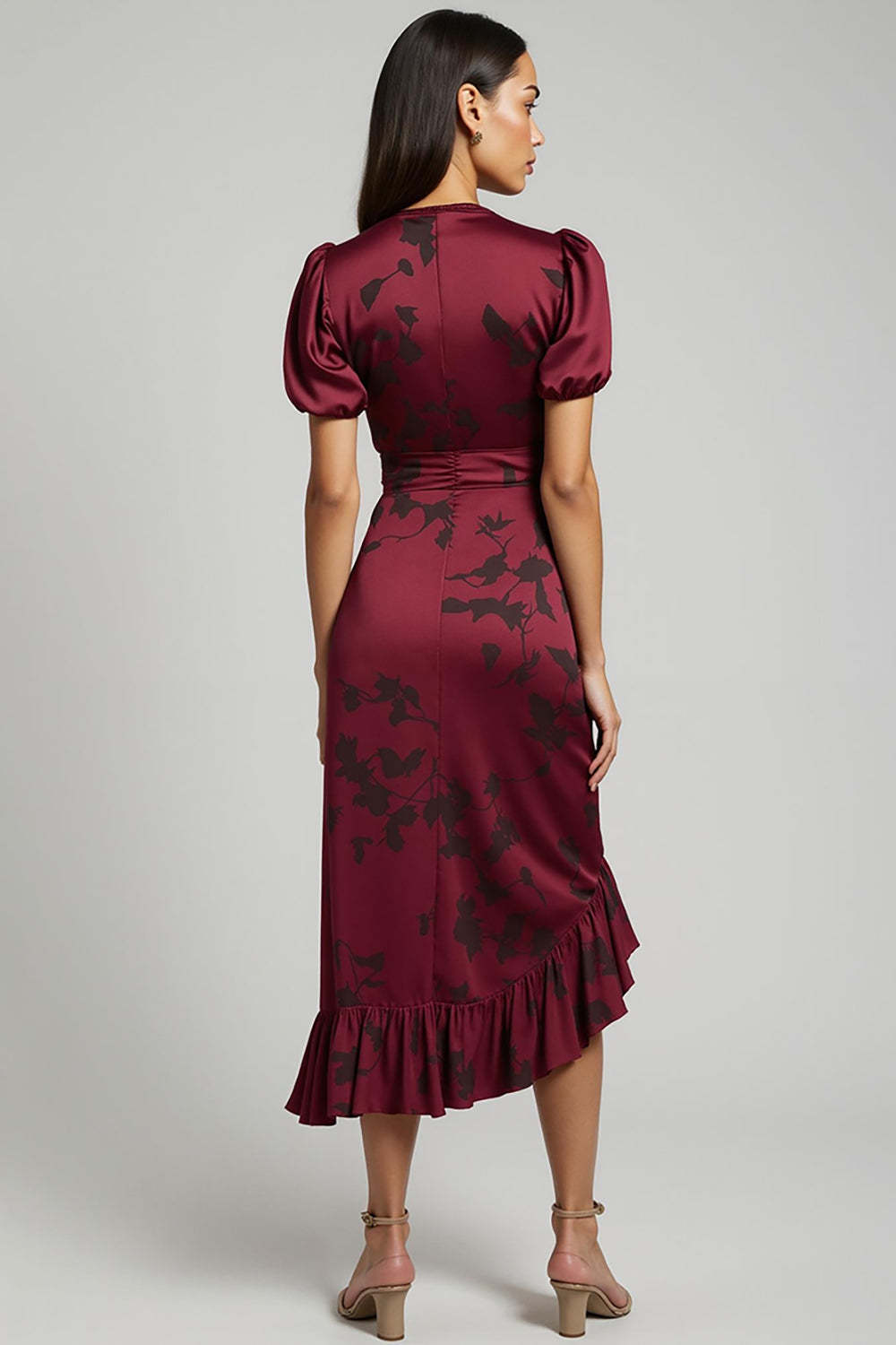 Burgundy V-Neck Ruched Bodycon Midi Wedding Guest Dress