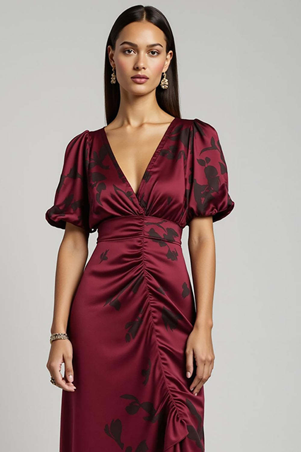 Burgundy V-Neck Ruched Bodycon Midi Wedding Guest Dress