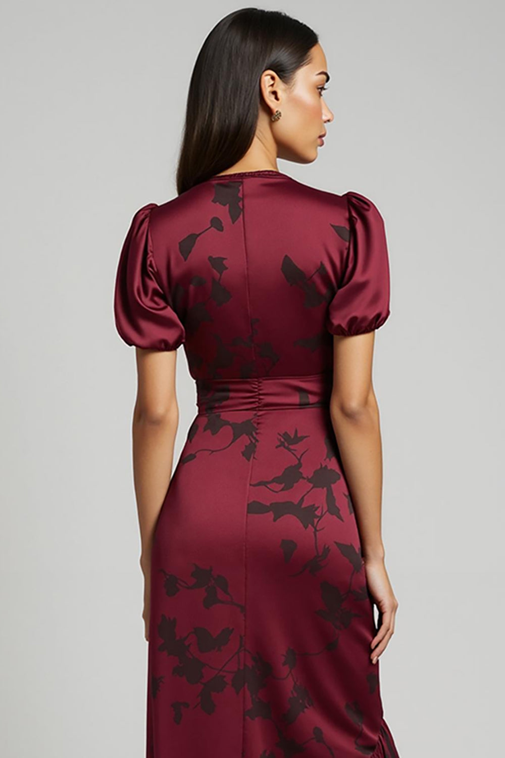 Burgundy V-Neck Ruched Bodycon Midi Wedding Guest Dress