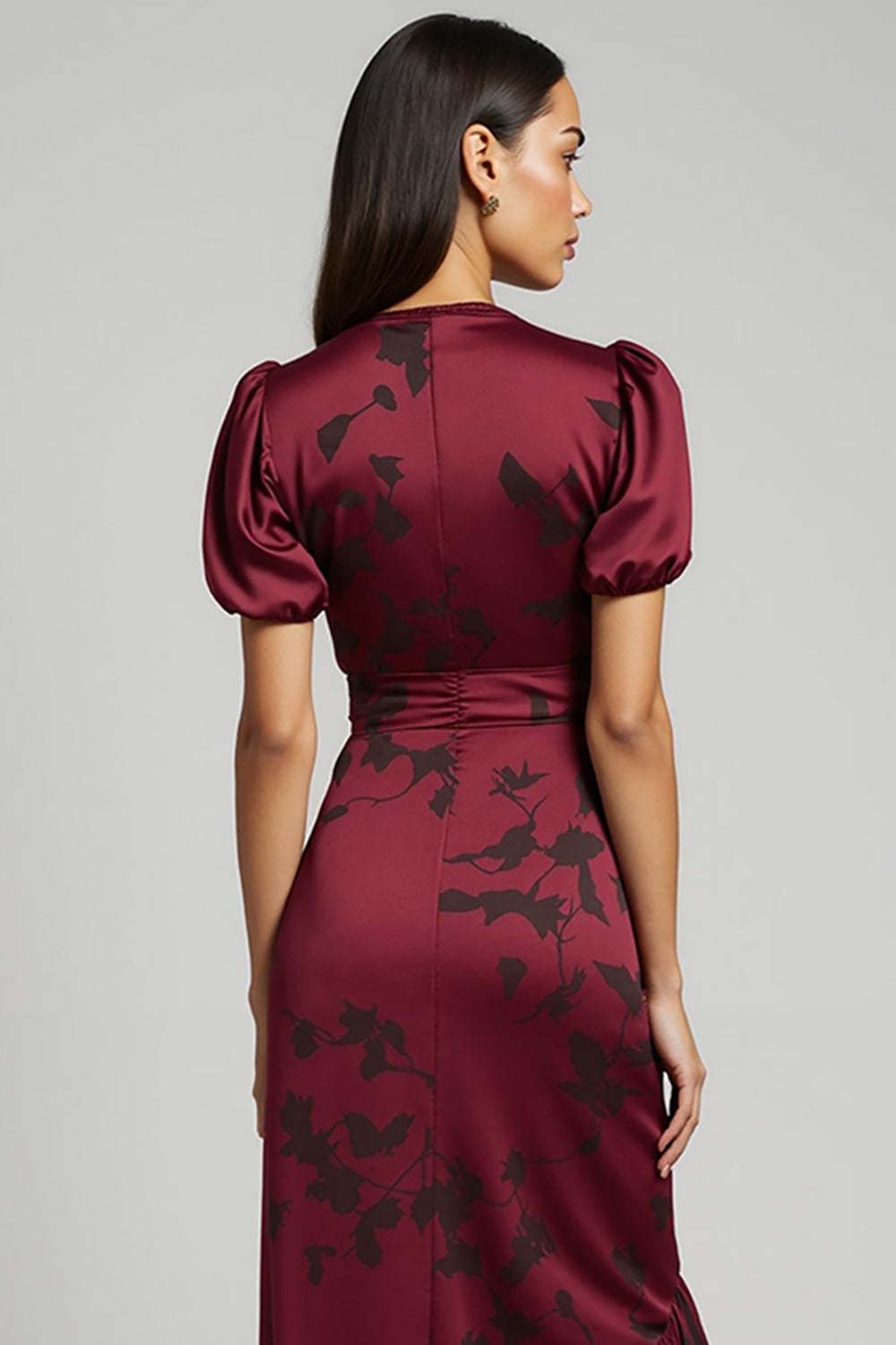 Burgundy V-Neck Ruched Bodycon Midi Wedding Guest Dress