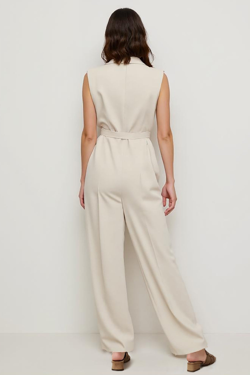 Ivory Satin Notched Lapel Loose Work Jumpsuits