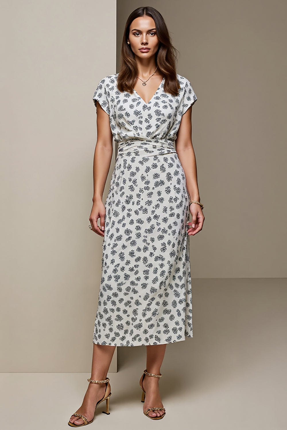 White Blue Printed V-Neck Bodycon Maxi Wedding Guest Dress with Sleeves