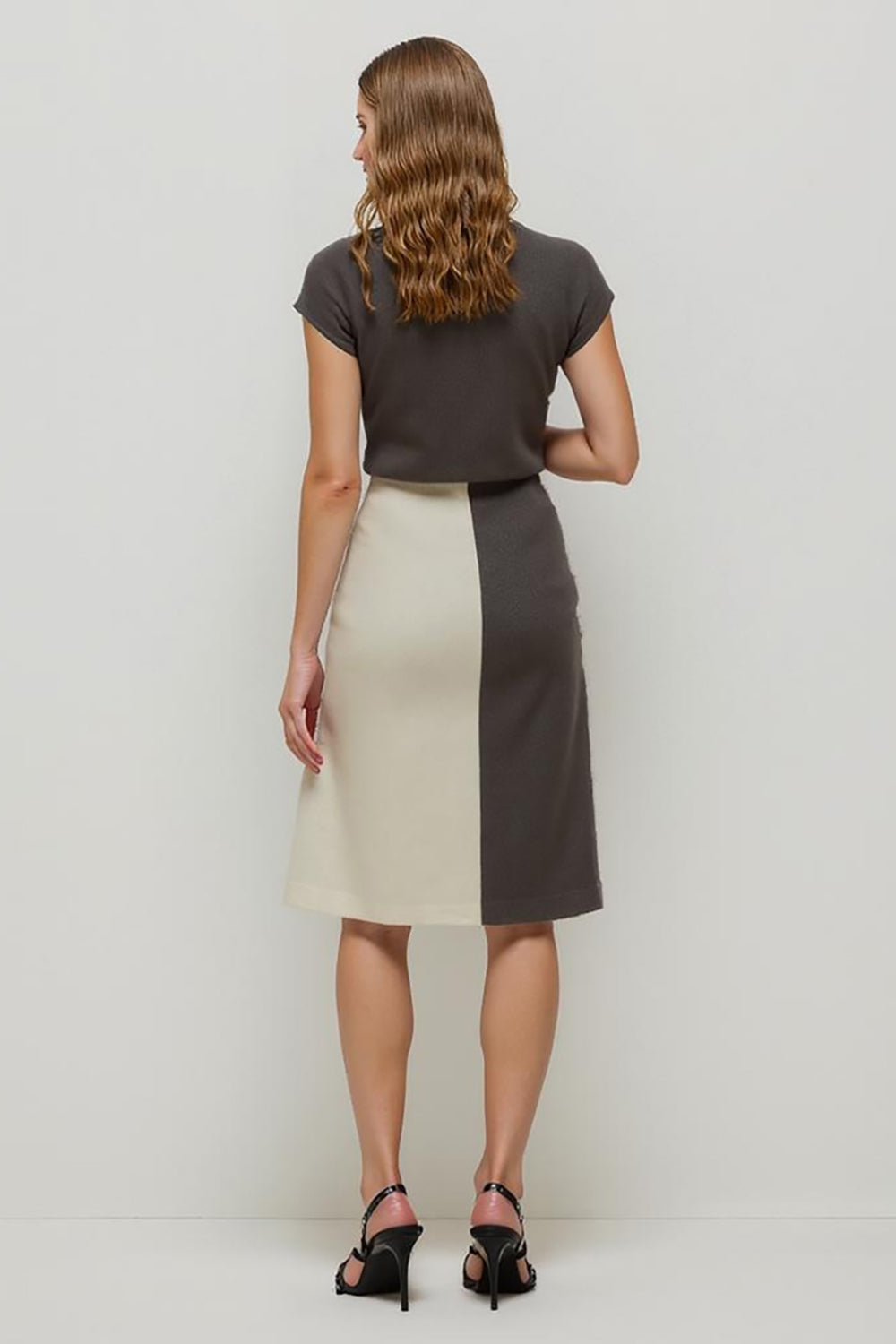 Coffee Patchwork Square Neck Pencil Midi Work Dress with Sleeves