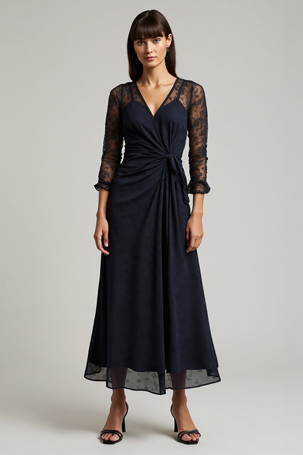 Leely Women Navy Ruched Maxi Chiffon Work Dress with Lace 3/4 Sleeves V-Neck Interview Dress