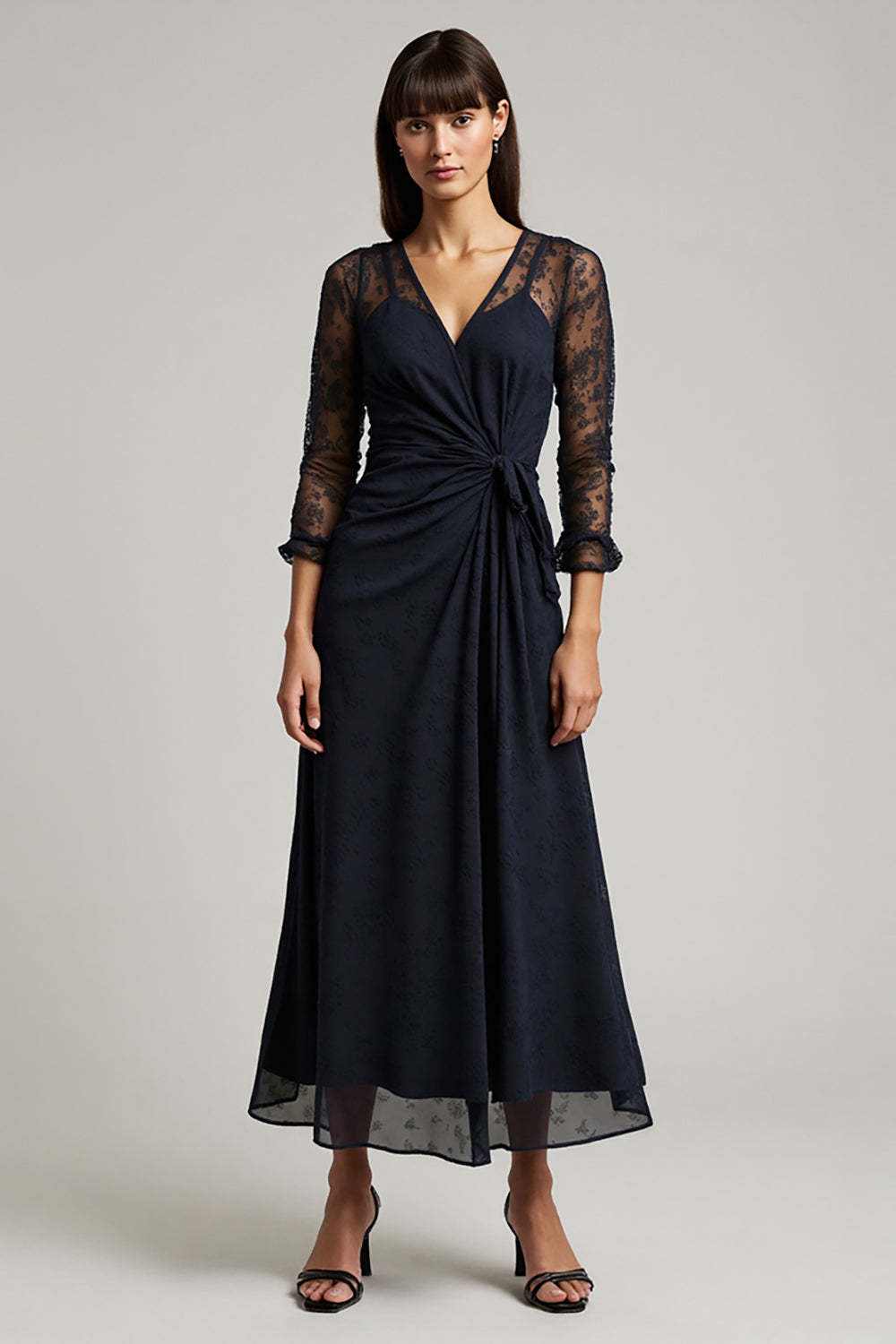 Leely Women Navy Ruched Maxi Chiffon Work Dress with Lace 3/4 Sleeves V-Neck Interview Dress