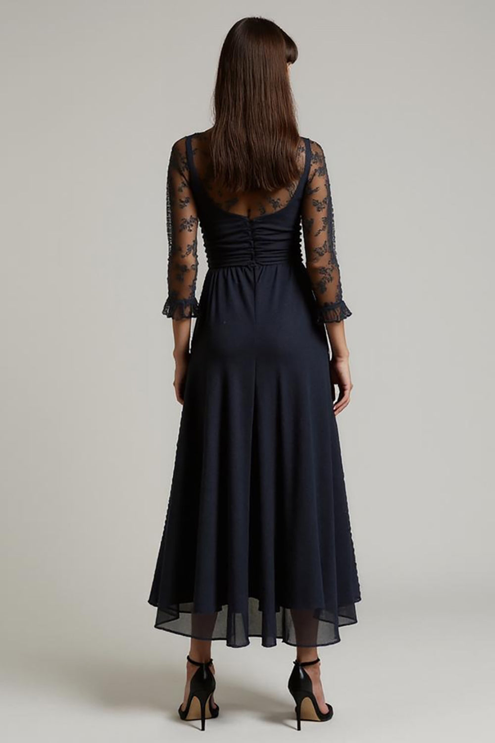 Navy Maxi V-Neck Ruched Chiffon Work Dress with Sleeves