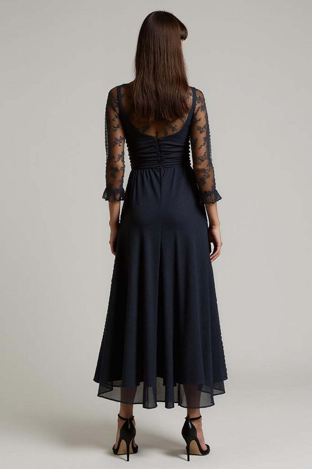Navy Maxi V-Neck Ruched Chiffon Work Dress with Sleeves