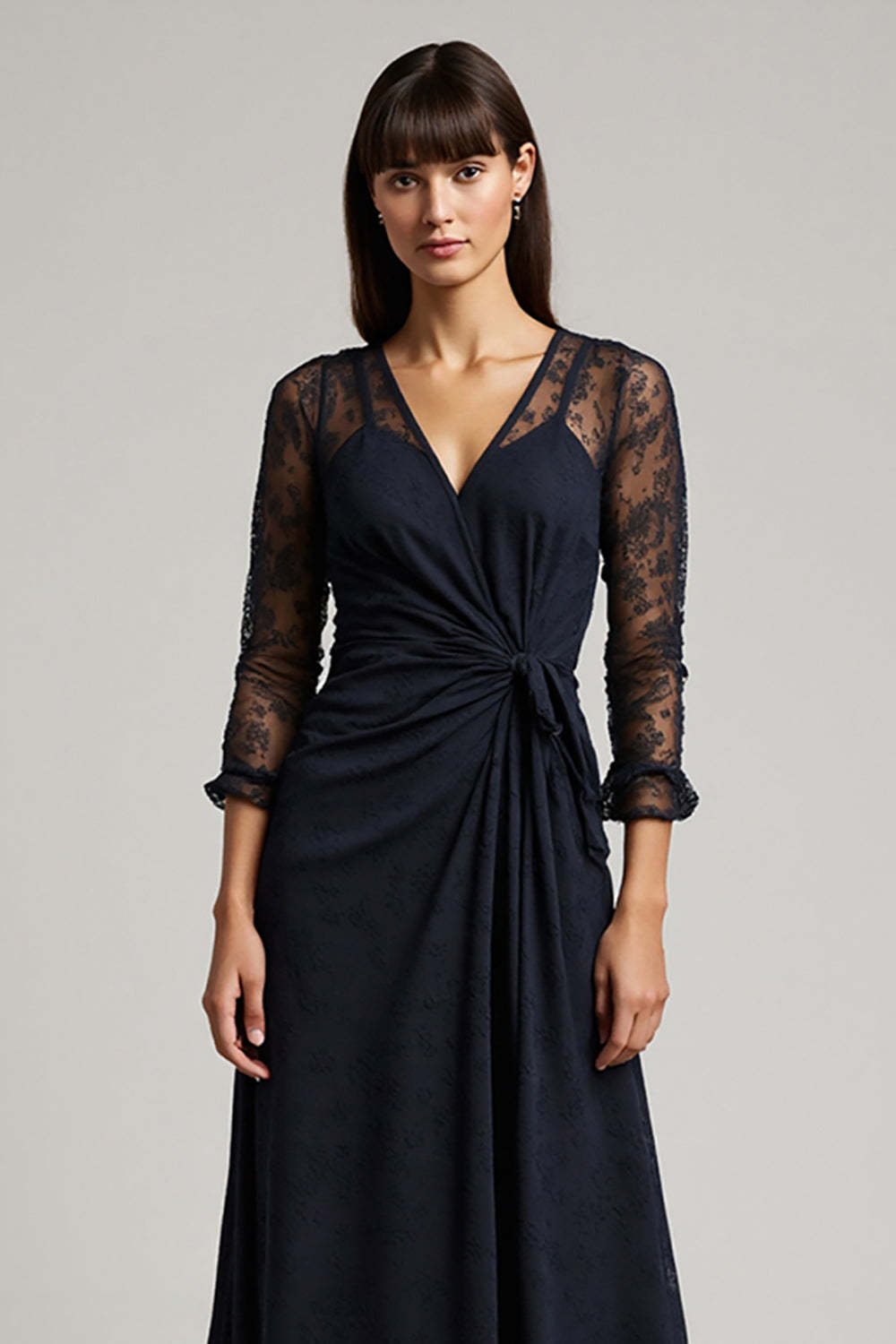 Navy Maxi V-Neck Ruched Chiffon Work Dress with Sleeves