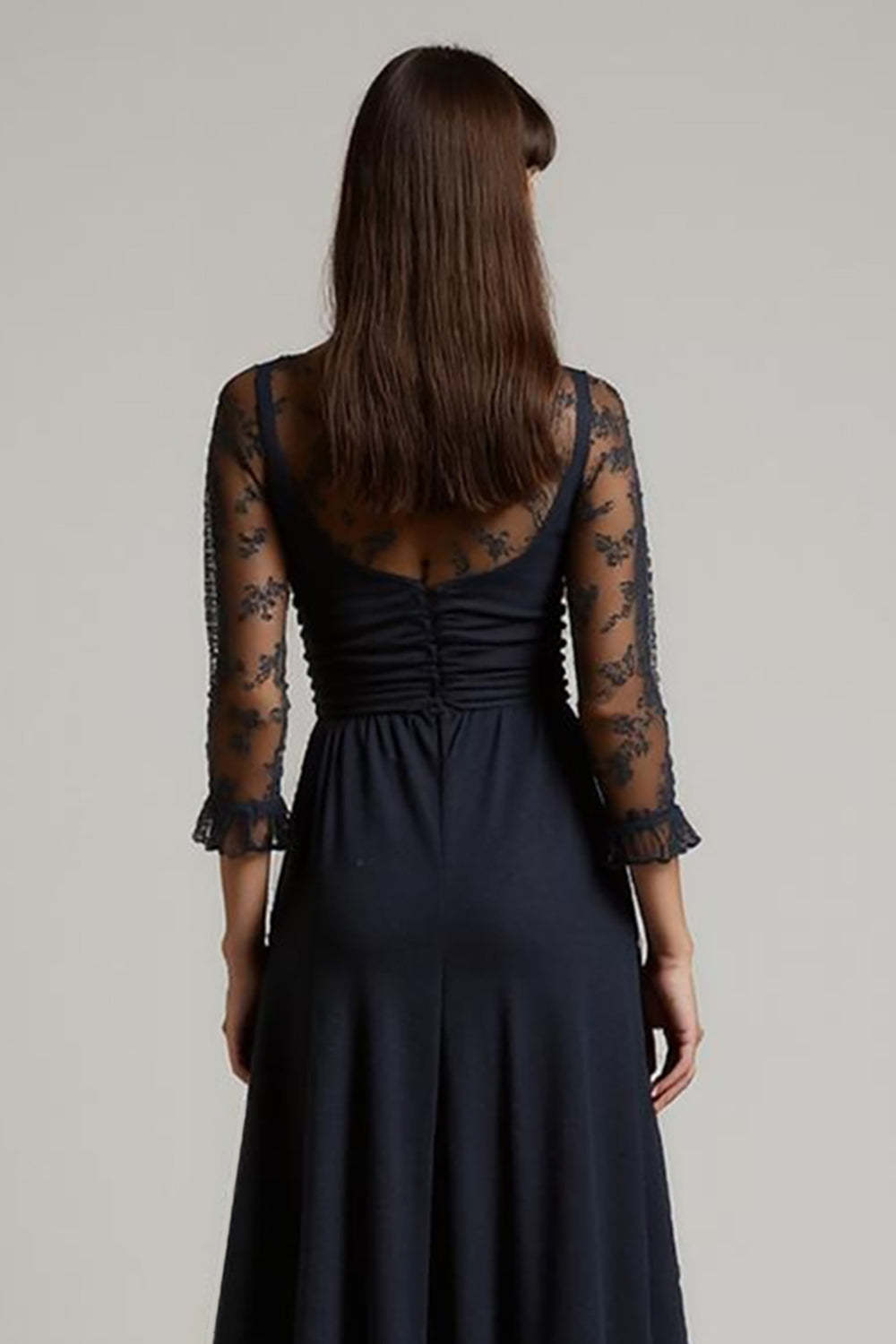 Navy Maxi V-Neck Ruched Chiffon Work Dress with Sleeves