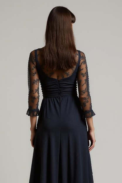 Navy Maxi V-Neck Ruched Chiffon Work Dress with Sleeves
