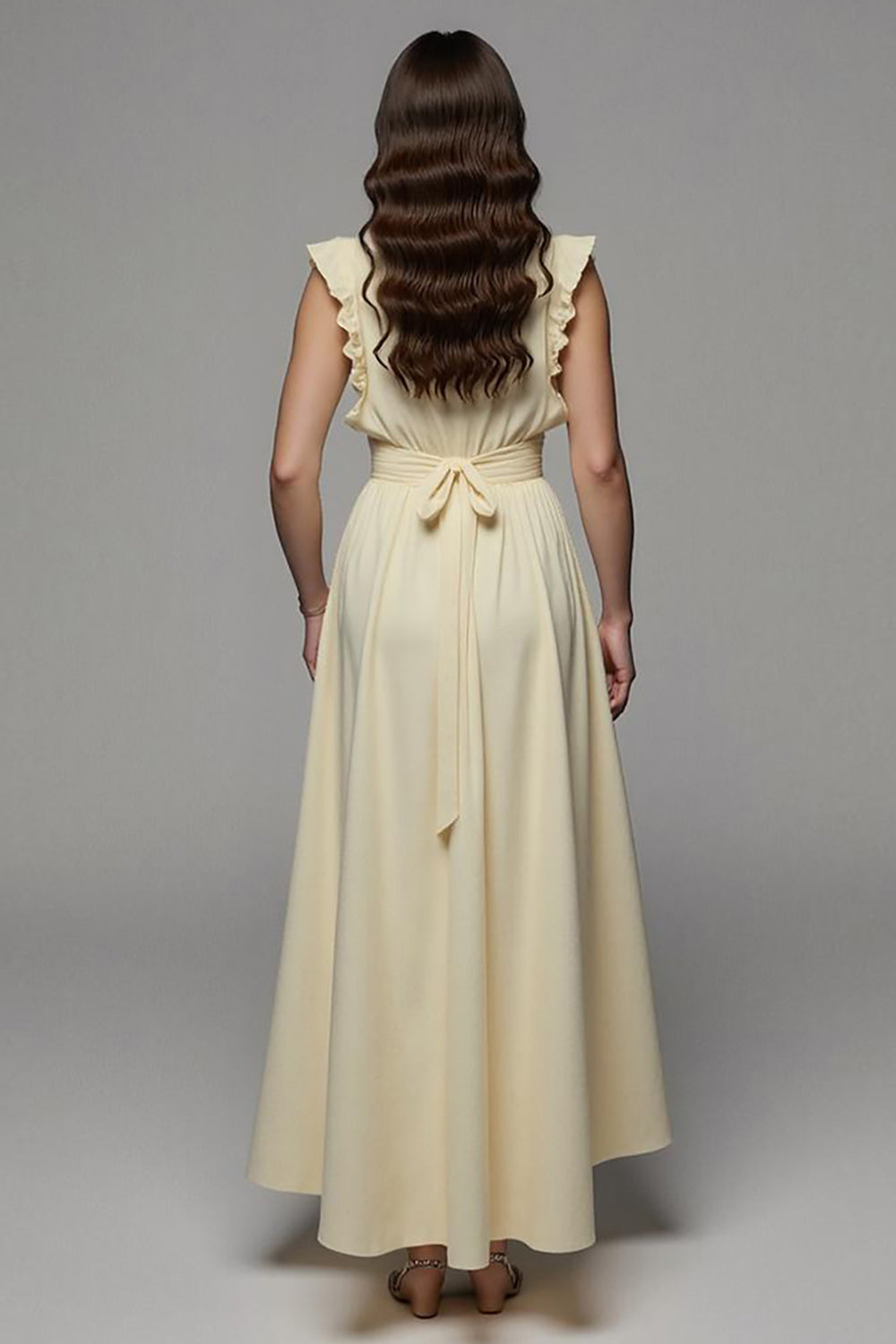 Apricot Notched Lapel Satin A Line Maxi Work Dress with Slit