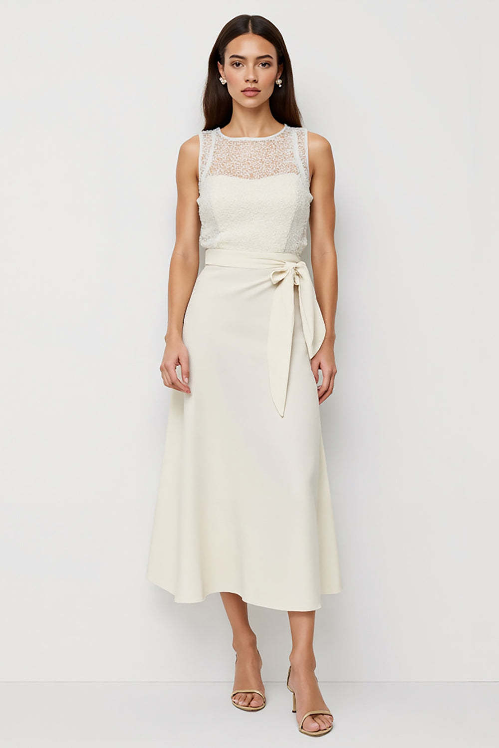 Leely Women White Satin Midi Work Dress with Sash Scoop Pencil Interview Dress with Bow