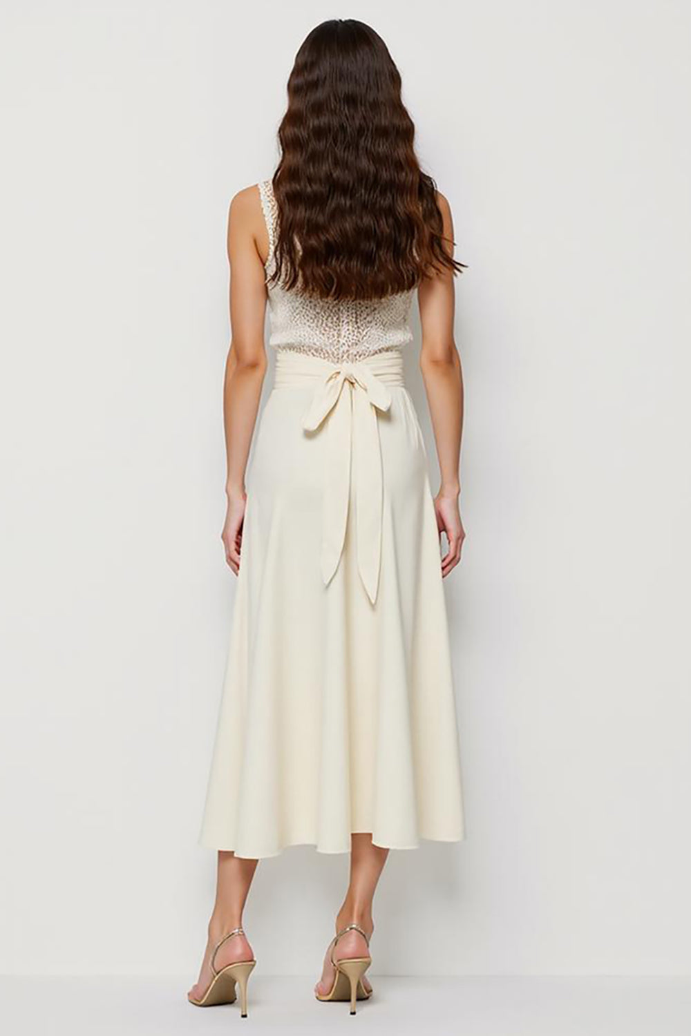 White Midi Satin Scoop Bow Pencil Work Dress with Sash