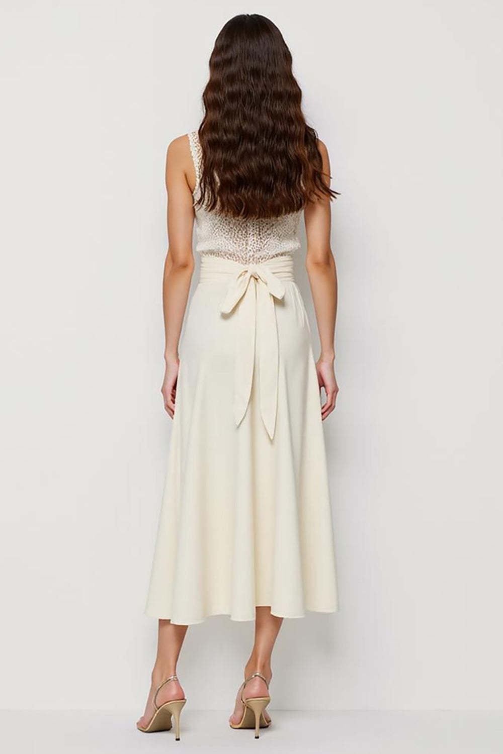 White Midi Satin Scoop Bow Pencil Work Dress with Sash