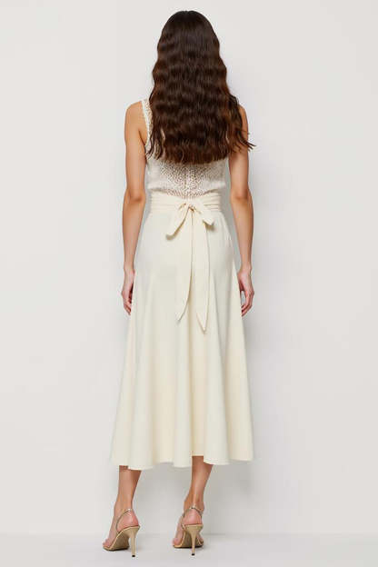 White Midi Satin Scoop Bow Pencil Work Dress with Sash