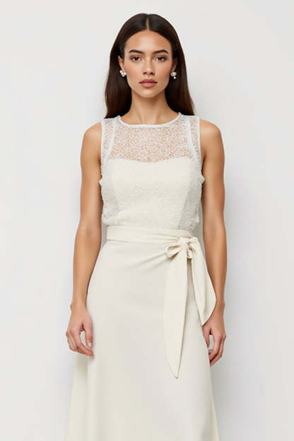 White Midi Satin Scoop Bow Pencil Work Dress with Sash