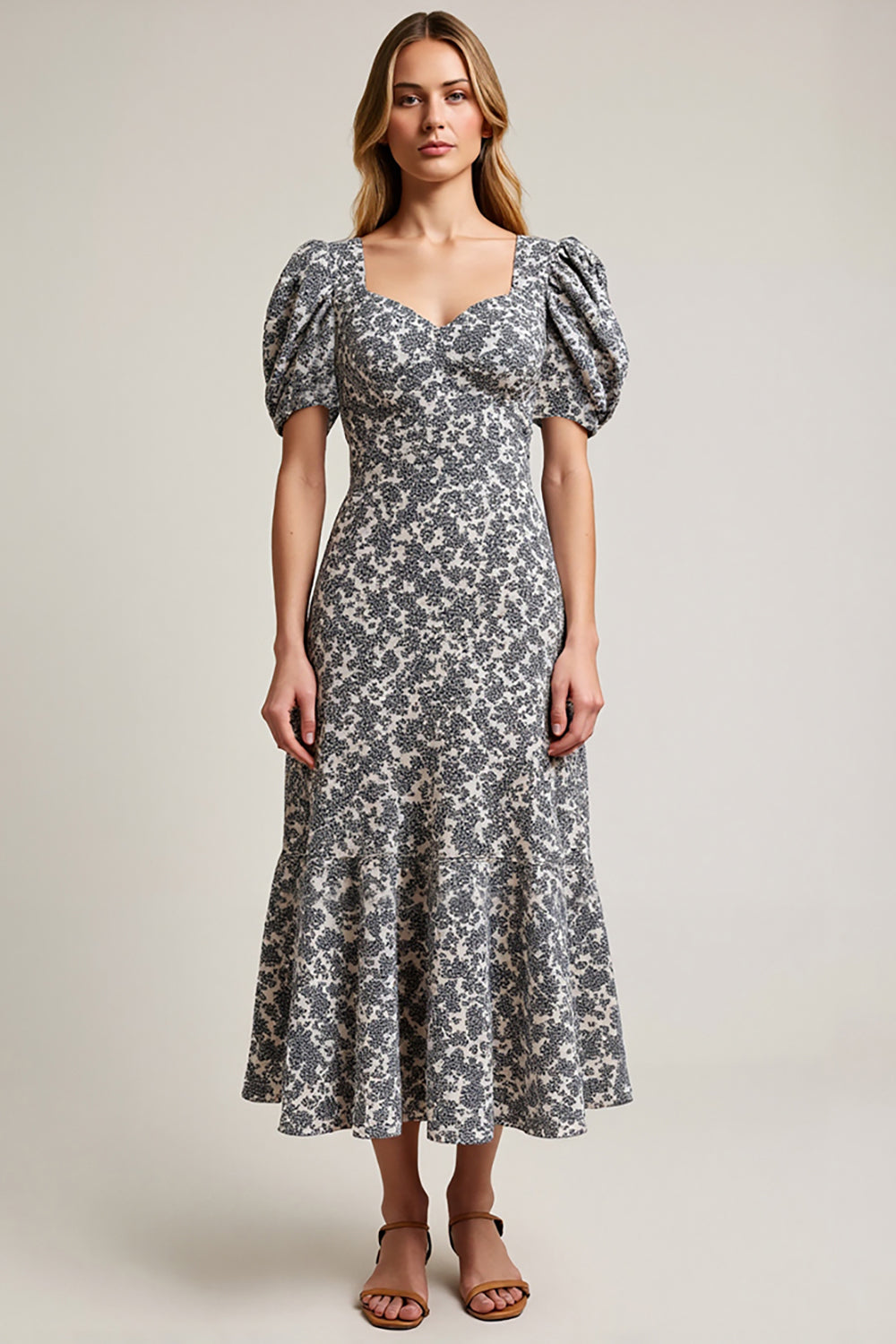 White Black Flower A Line Maxi Wedding Guest Dress with Sleeves