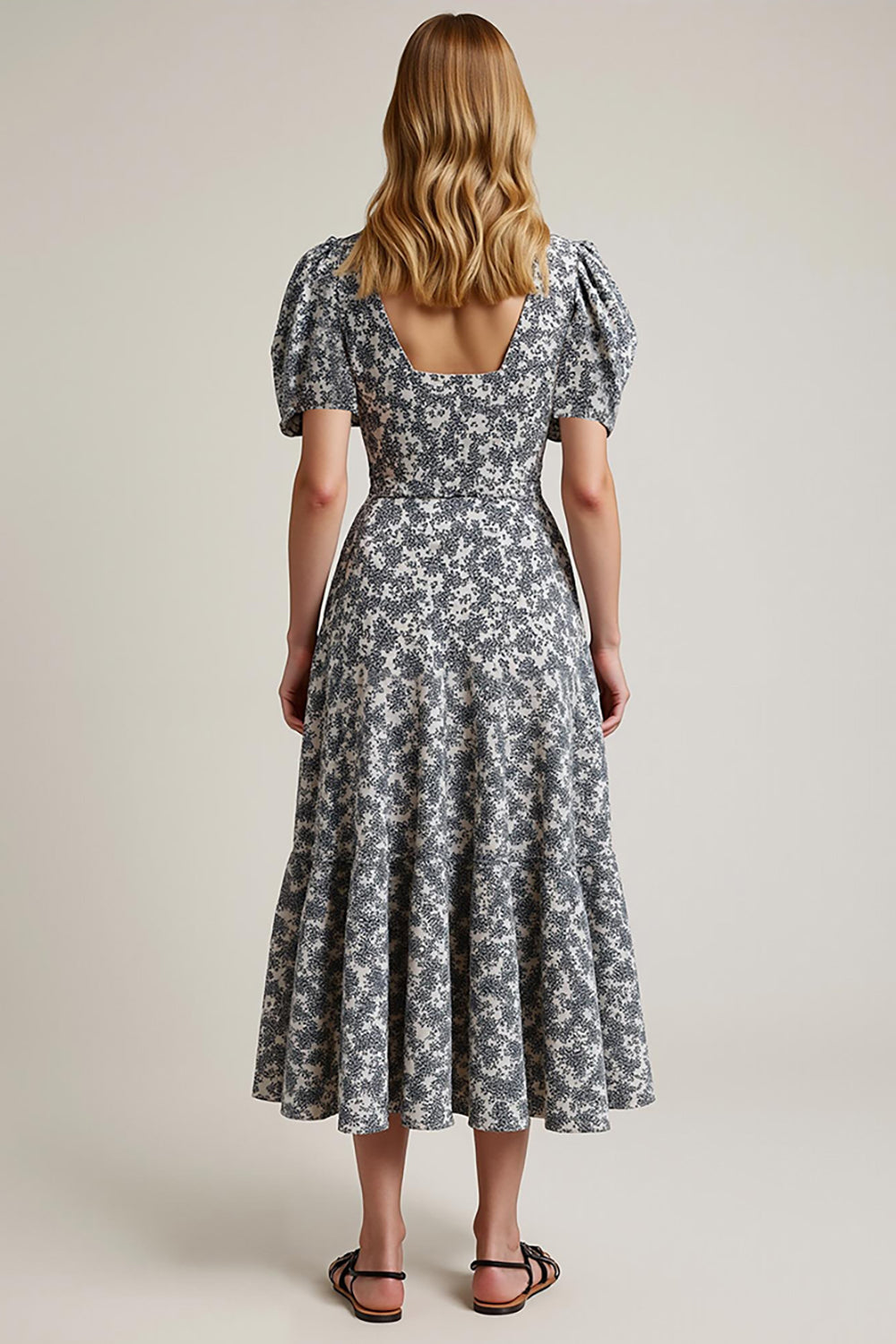 White Black Flower A Line Maxi Wedding Guest Dress with Sleeves