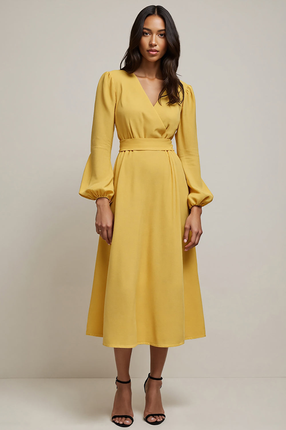 Leely Women Simple Yellow V-Neck Midi Work Dress A Line High Waist Long Sleeves Interview Dress