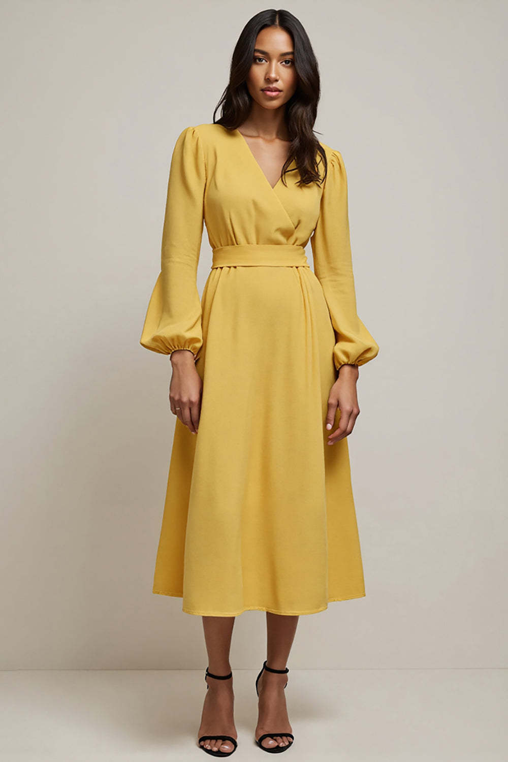 Leely Women Simple Yellow V-Neck Midi Work Dress A Line High Waist Long Sleeves Interview Dress
