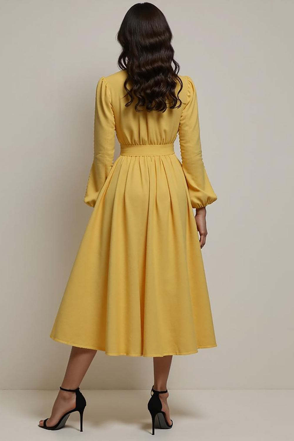 Yellow V-Neck High Waist A Line Midi Work Dress with Sleeves