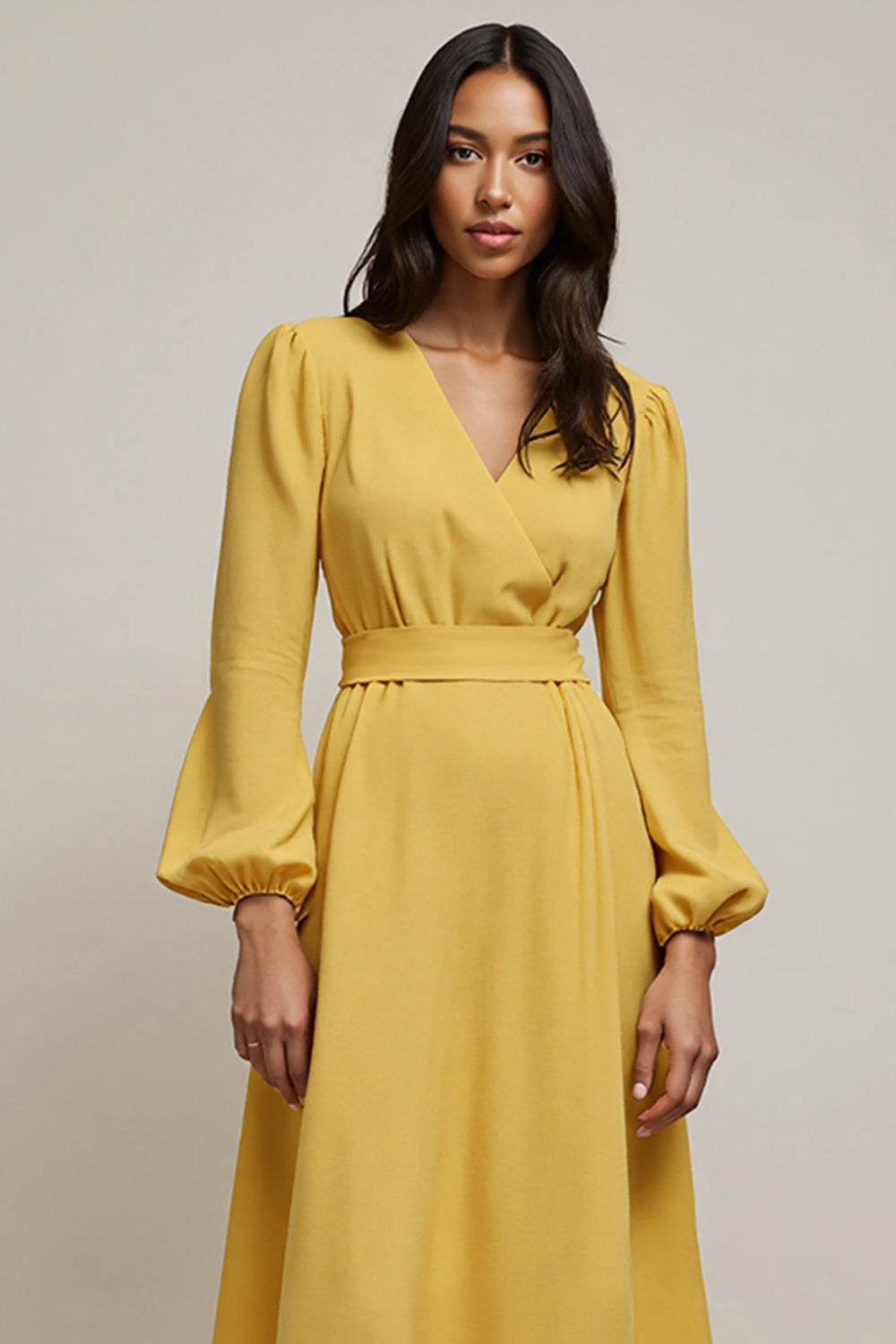 Yellow V-Neck High Waist A Line Midi Work Dress with Sleeves