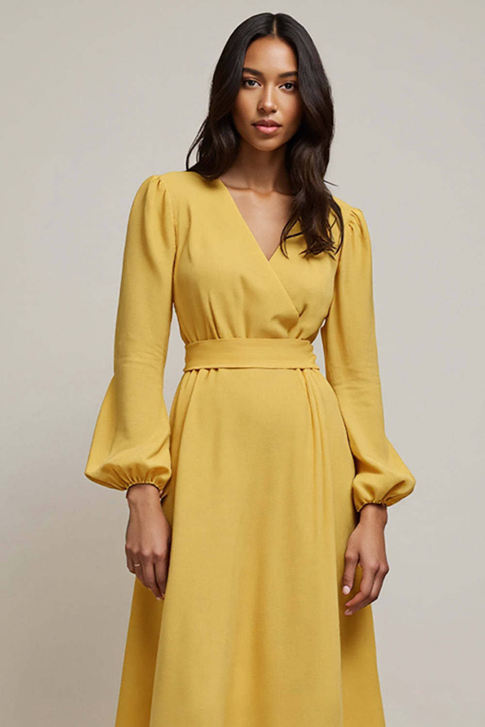 Yellow V-Neck High Waist A Line Midi Work Dress with Sleeves