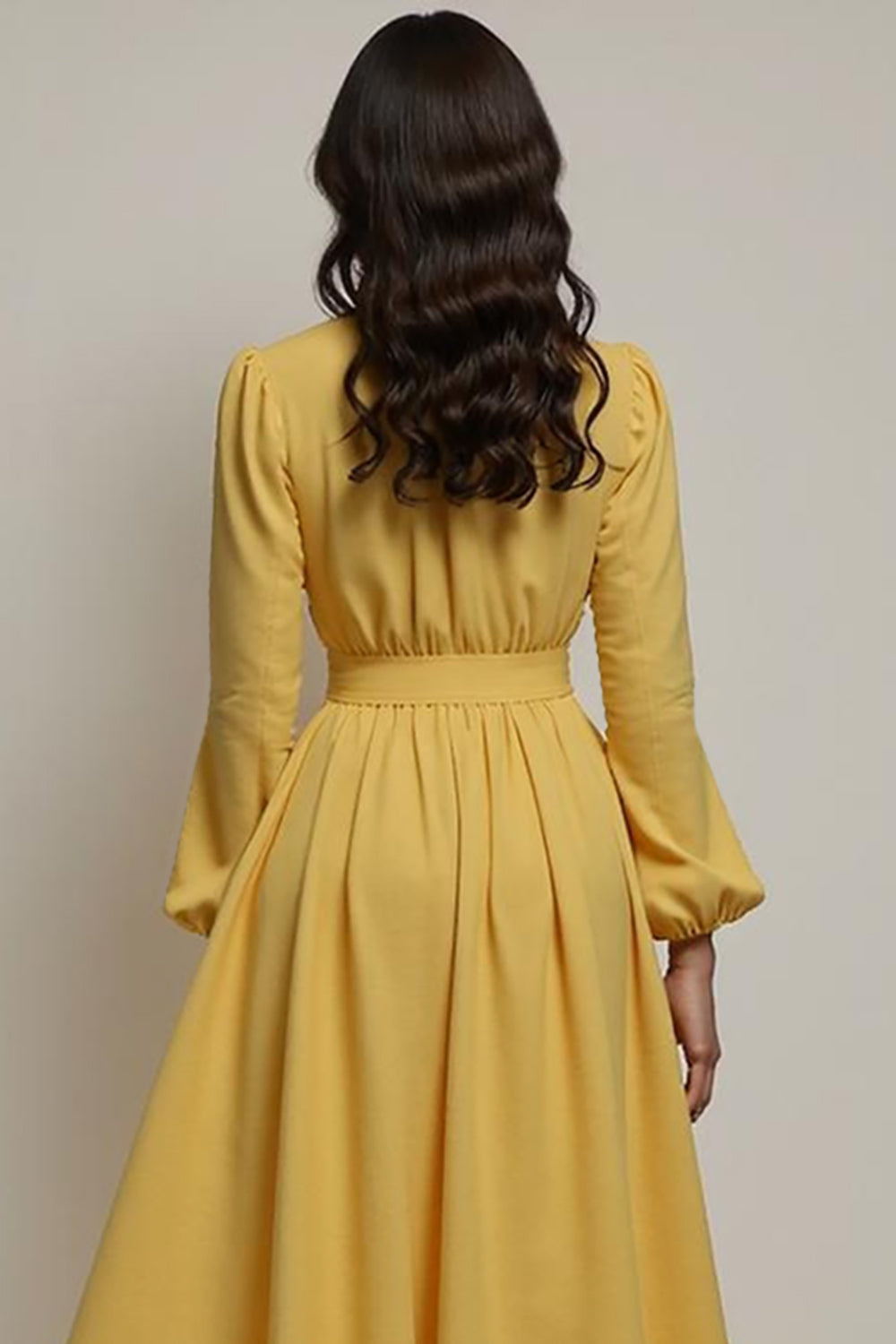 Yellow V-Neck High Waist A Line Midi Work Dress with Sleeves