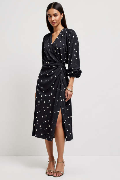 Leely Women Black Midi Ruched Polka Dot Dress with Slit V-Neck Pencil Work Dress with Sleeves